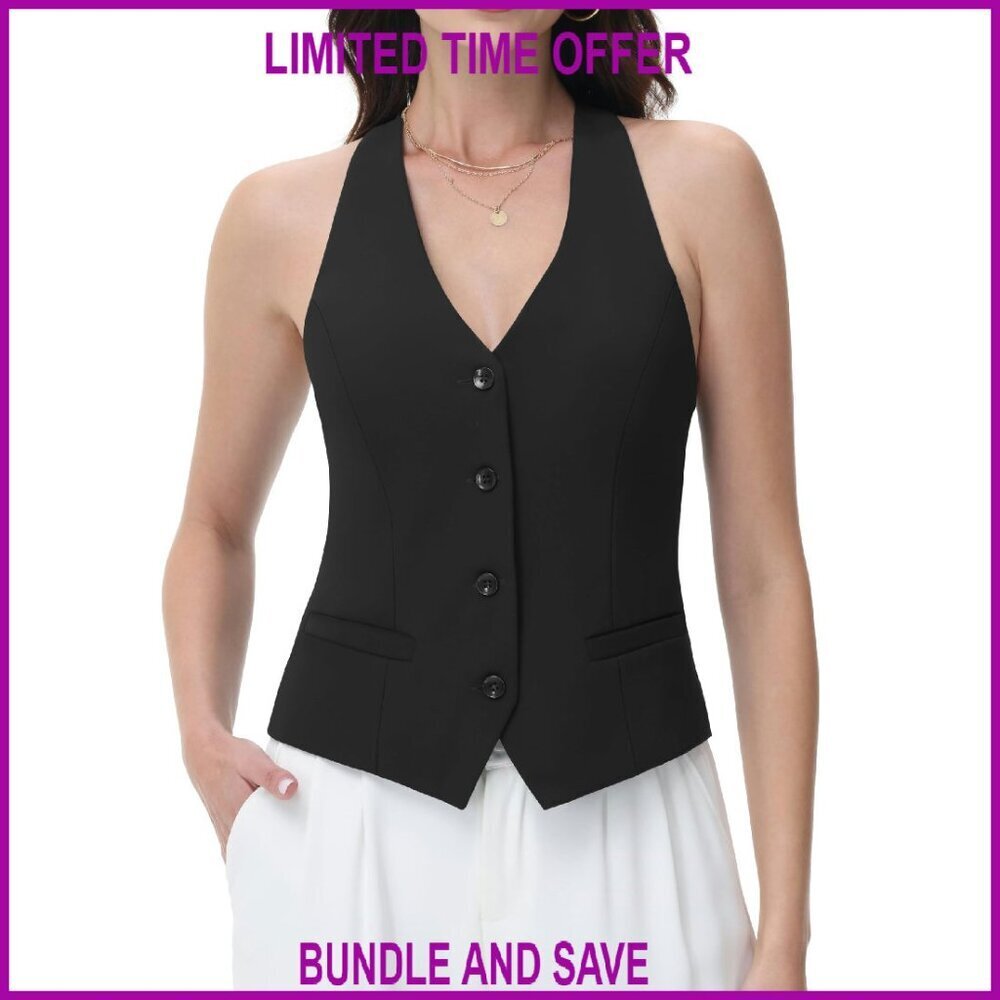 Women's V-Neck Racerback Vest Slim Fit Sleeveless Tuxedo Waistcoat